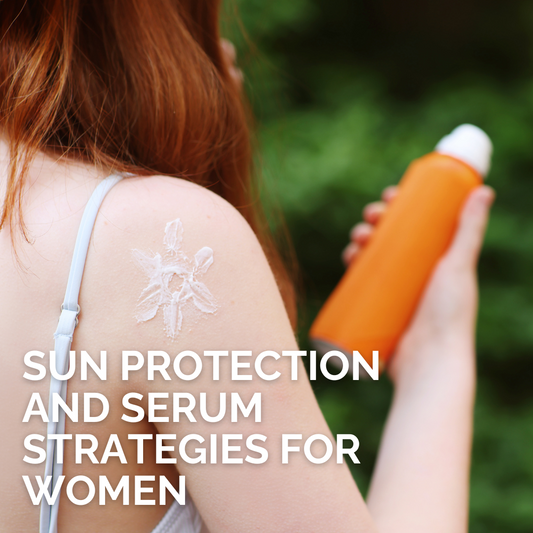 A woman holding a bottle of sunscreen for sun protection.